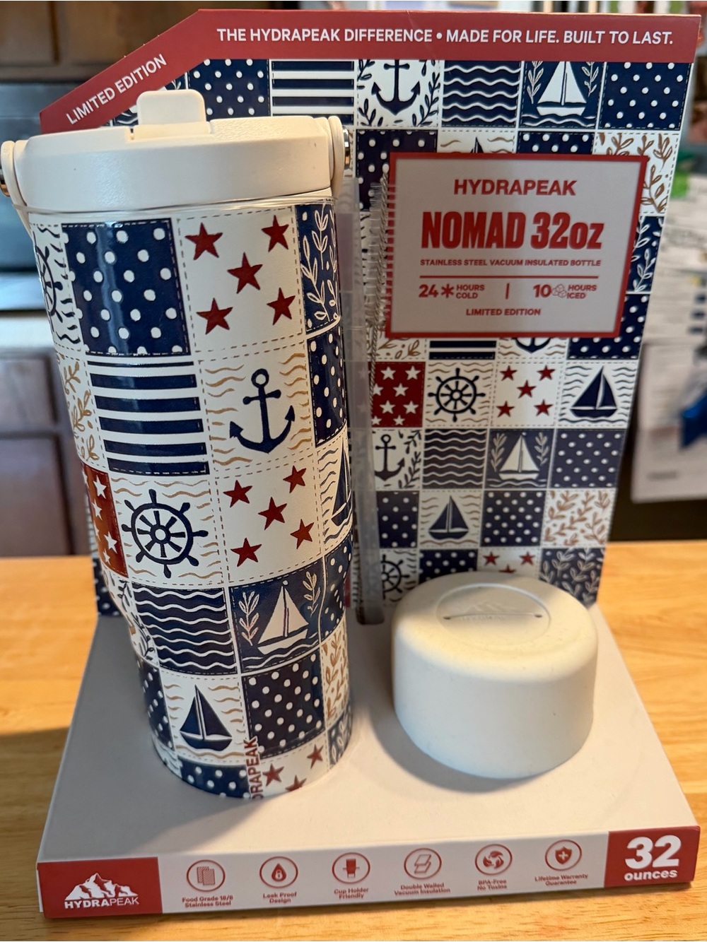 Nomad Nautical Pattern Insulated Bottle - Blue, Red, White